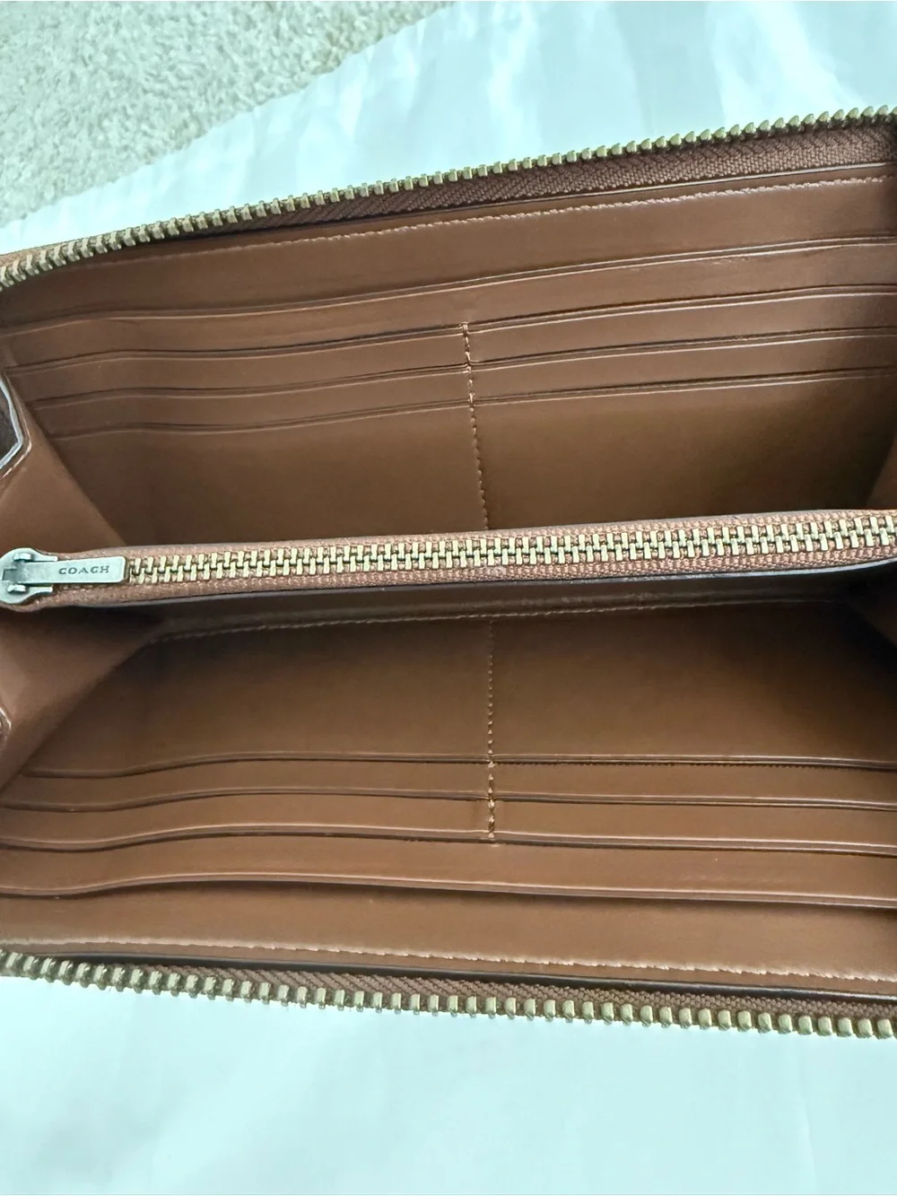 Coach Brown Leather Zip Wallet with Neon Baseball Stitching